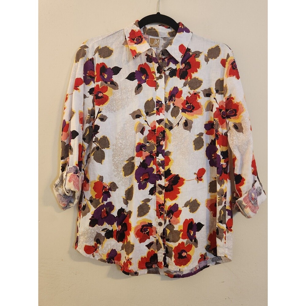JM Collection Womens 6 Floral Linen‎ Button Up Shirt Roll Tab Sleeve Red Purple